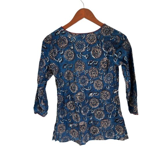 FABINDIA Printed Cotton Collared Tunic Peasant Boho Blouse Blue Size XSmall - Picture 6 of 9